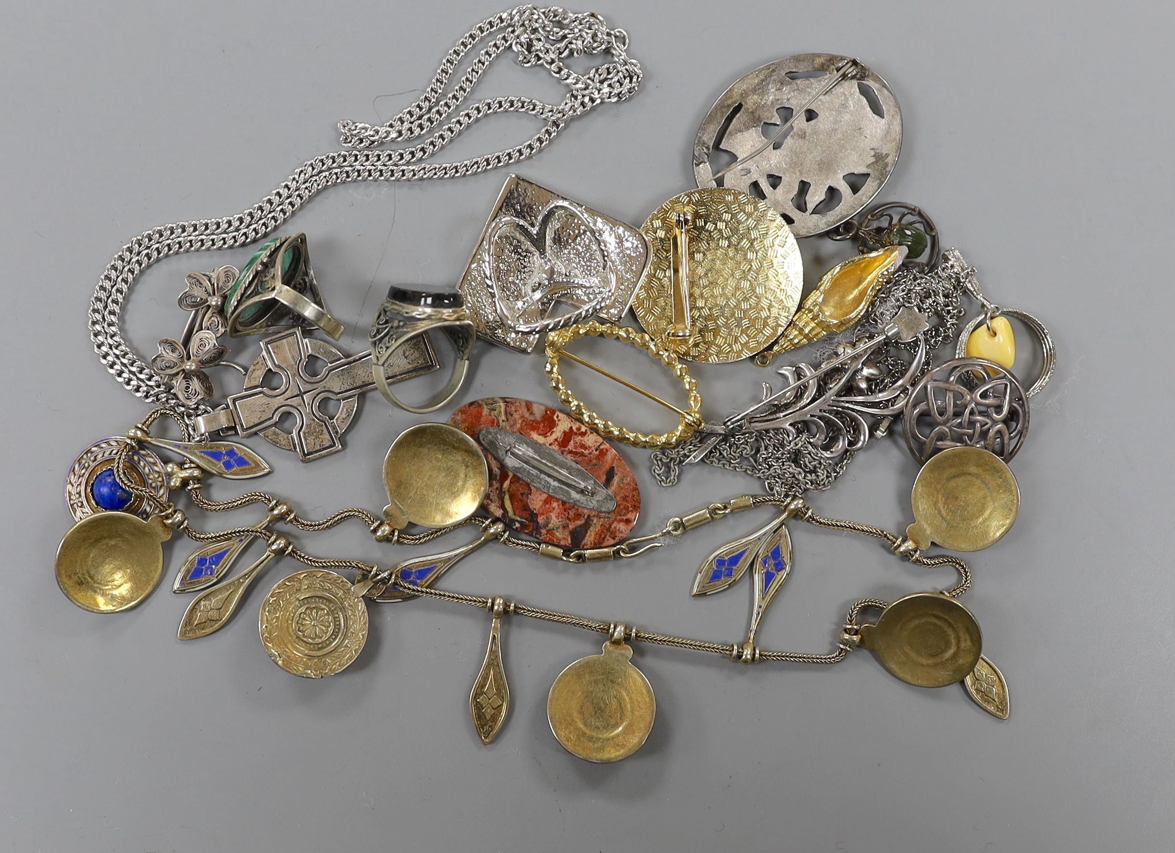 An early 20th century French gilt white metal enamel and antique lapis lazuli bead set drop fringe necklace, 42cm and a group of assorted costume jewellery, sterling pendant etc.